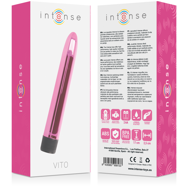 Rosa und weiße Produktverpackung für einen Vibrator mit mehrsprachigem Text.