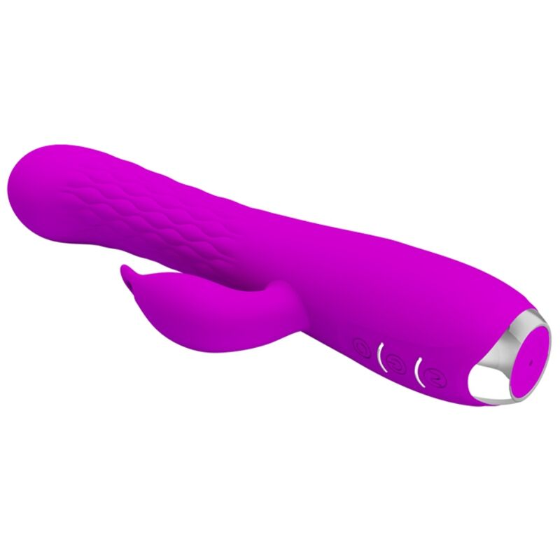 Ein lilafarbener Hasenvibrator mit strukturiertem Schaft, seitlichem Stimulator und silbernen Tasten auf weierm Grund.