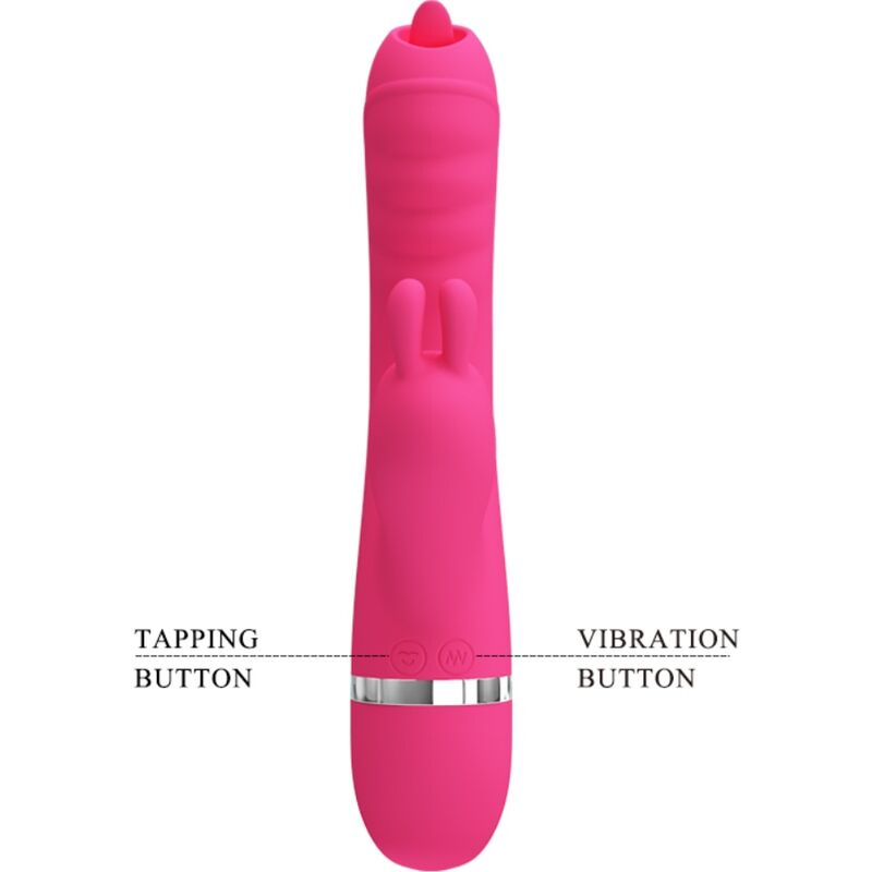 Un vibrador de conejo rosa con botones de golpeteo y vibración etiquetados sobre fondo blanco.