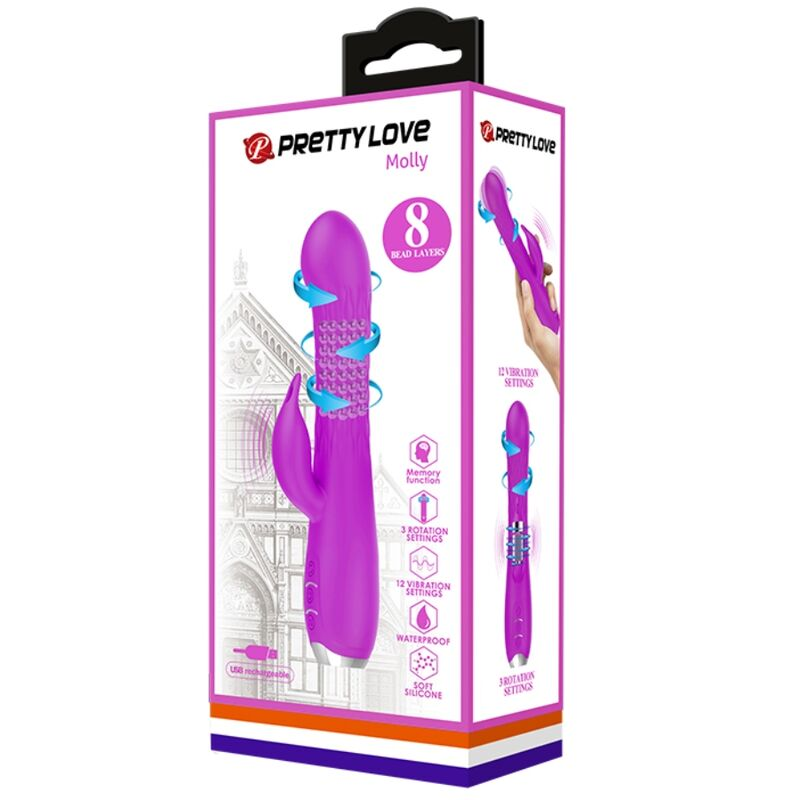 Rosa und weiße Verpackung für ein lila Silikon-Sexspielzeug mit Rotations- und Vibrationsfunktionen.