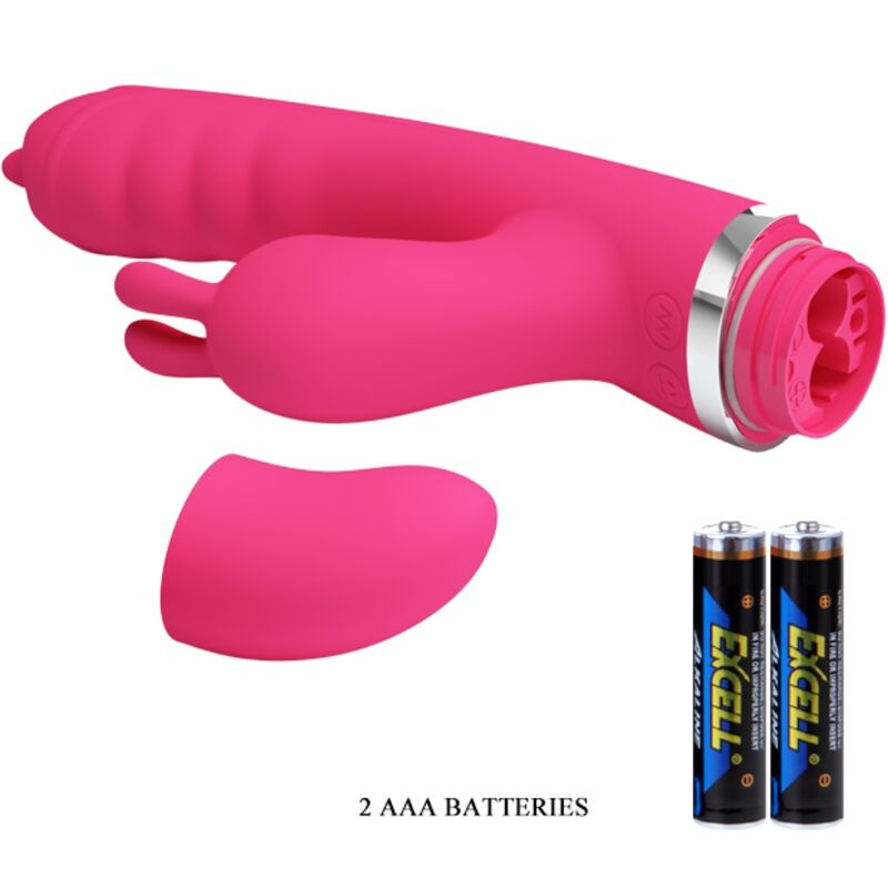 Un dispositivo vibrador rosa con tapa desmontable y dos pilas AAA.