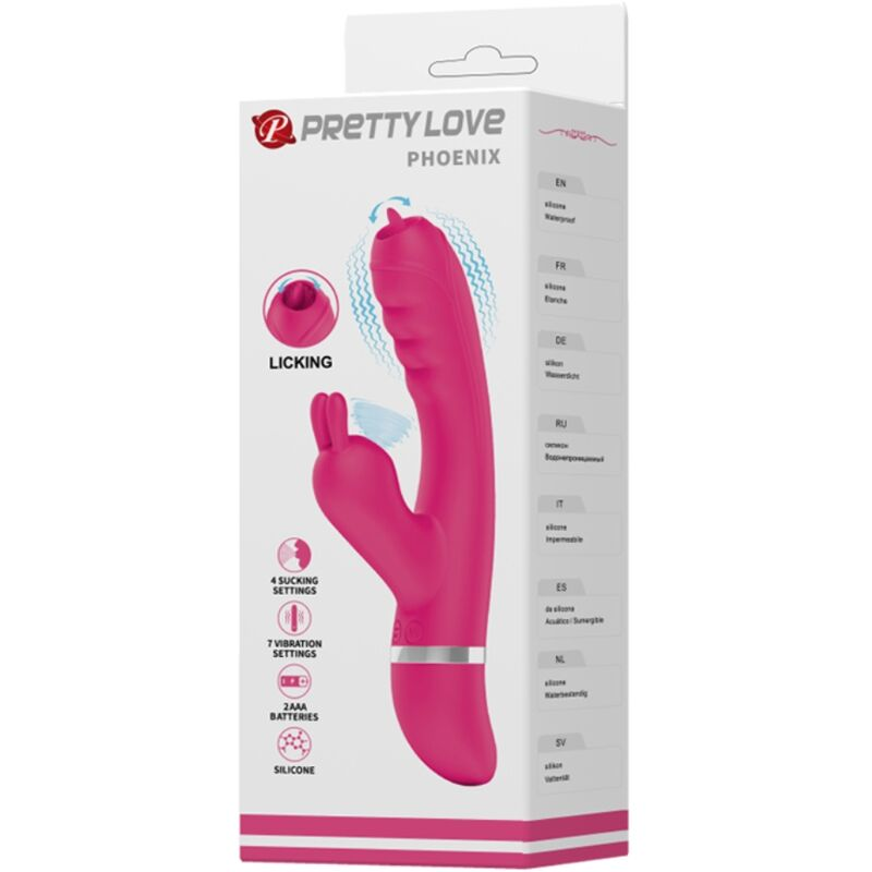 Empaque del vibrador Pretty Love Phoenix rosa con características.