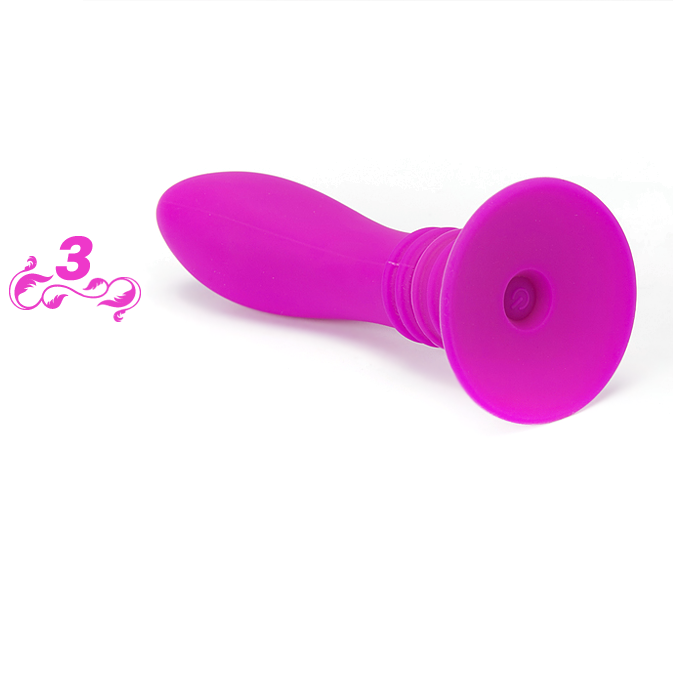 Ein lilafarbenes Silikon-Sexspielzeug mit Saugnapfbasis und geschwungener Form auf weißem Hintergrund.