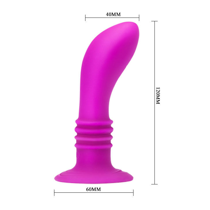 Violetter, kurviger Dildo mit Saugnapf und Maßen.