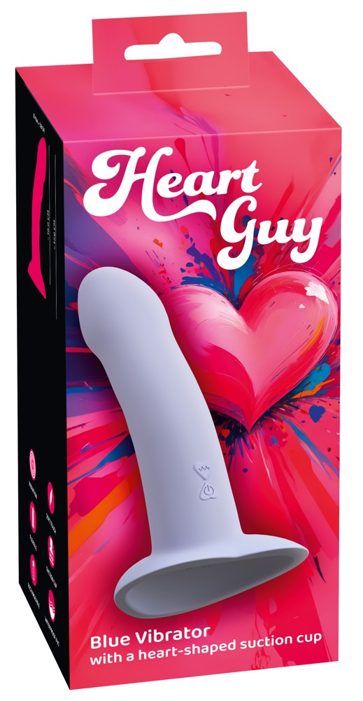 Pinkfarbene Box mit der Aufschrift Heart Guy, die einen hellblauen Vibrator mit Saugnapf zeigt.