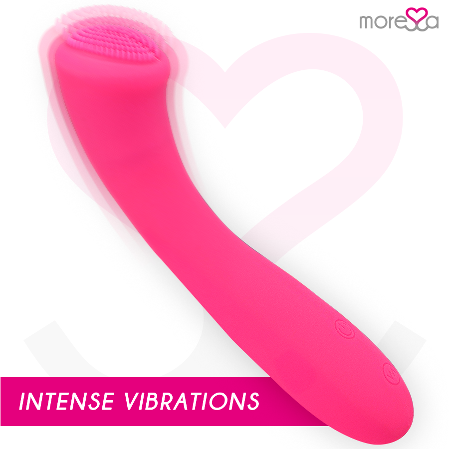 Ein pinkfarbener, gebogener Vibrator mit Bürstenkopf vor einem weißen Hintergrund mit Herstellersignet und Text.