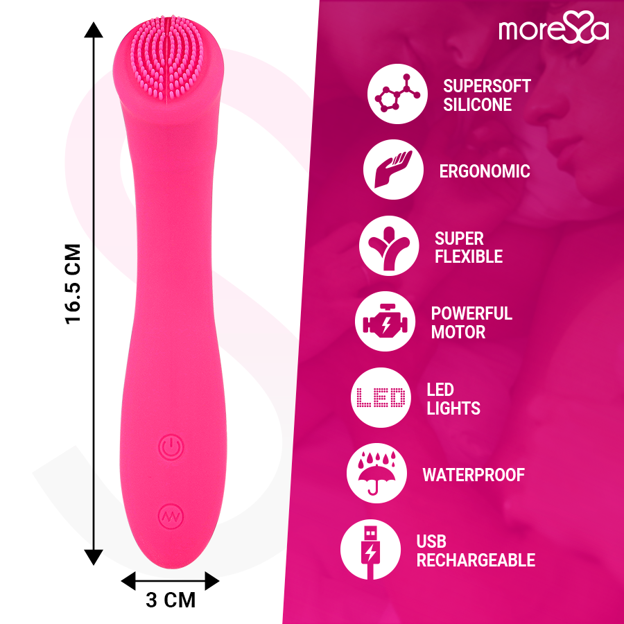 Rosa Silikonvibrator mit 16,5 cm Höhe und 3 cm Breite, zusammen mit Funktionssymbolen auf dem Bild.