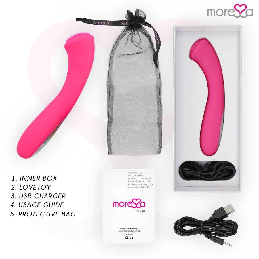 Rosa Sexspielzeug, Tragetasche, Ladekabel und Anleitung in Box.