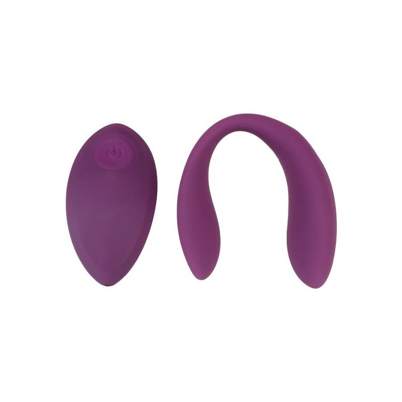 Dos objetos de bienestar de color púrpura y forma ergonómica sobre fondo blanco.