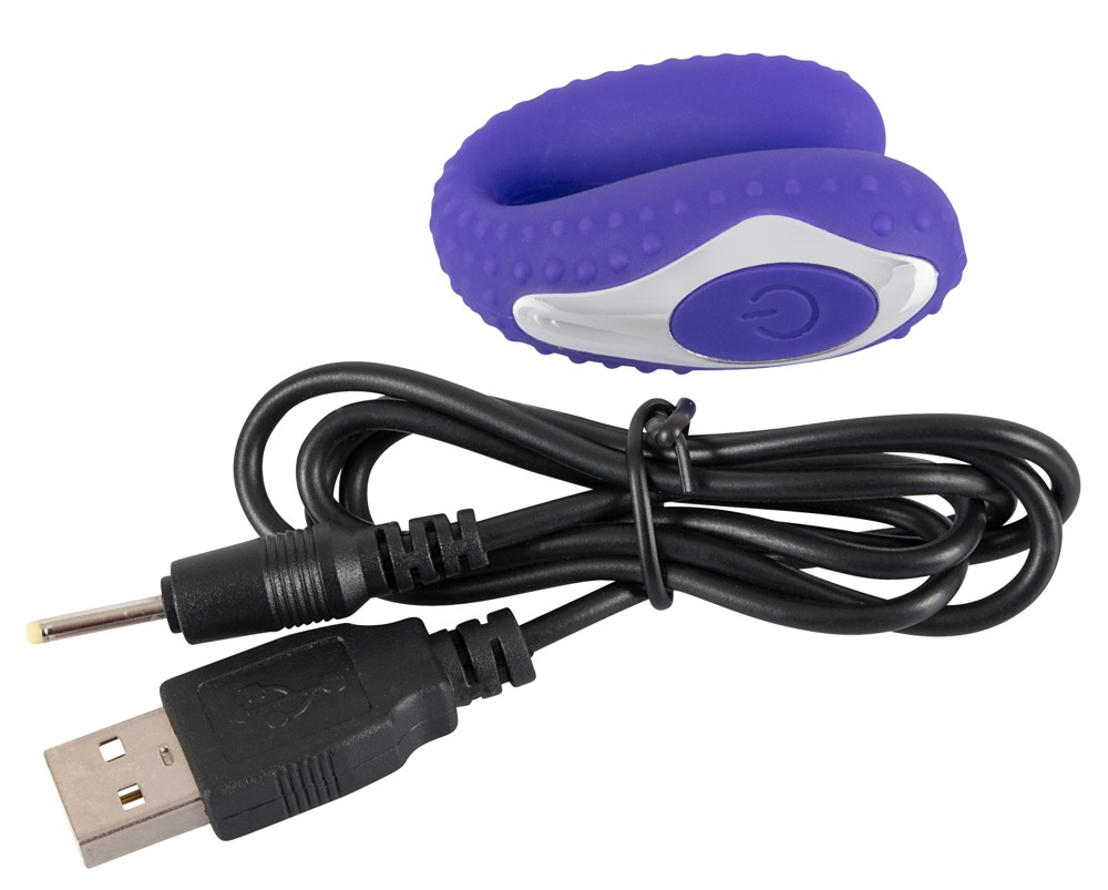 Ein lila Silikon-Lifestyle-Gerät mit USB-Ladekabel auf weißem Grund.