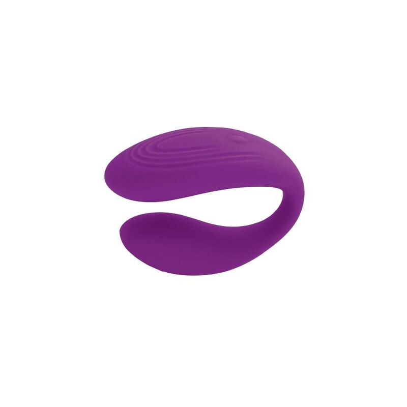 Un objeto de estilo de vida de silicona morado y curvado con patrones ondulados sobre fondo blanco.