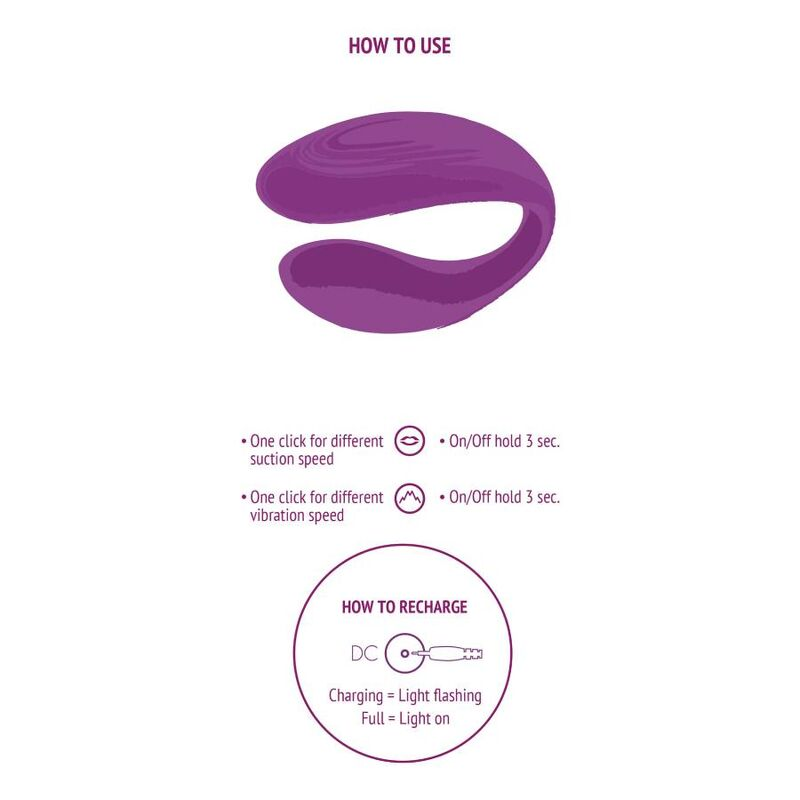 Instrucciones para un dispositivo de bienestar vibratorio morado con controles e icono de carga.