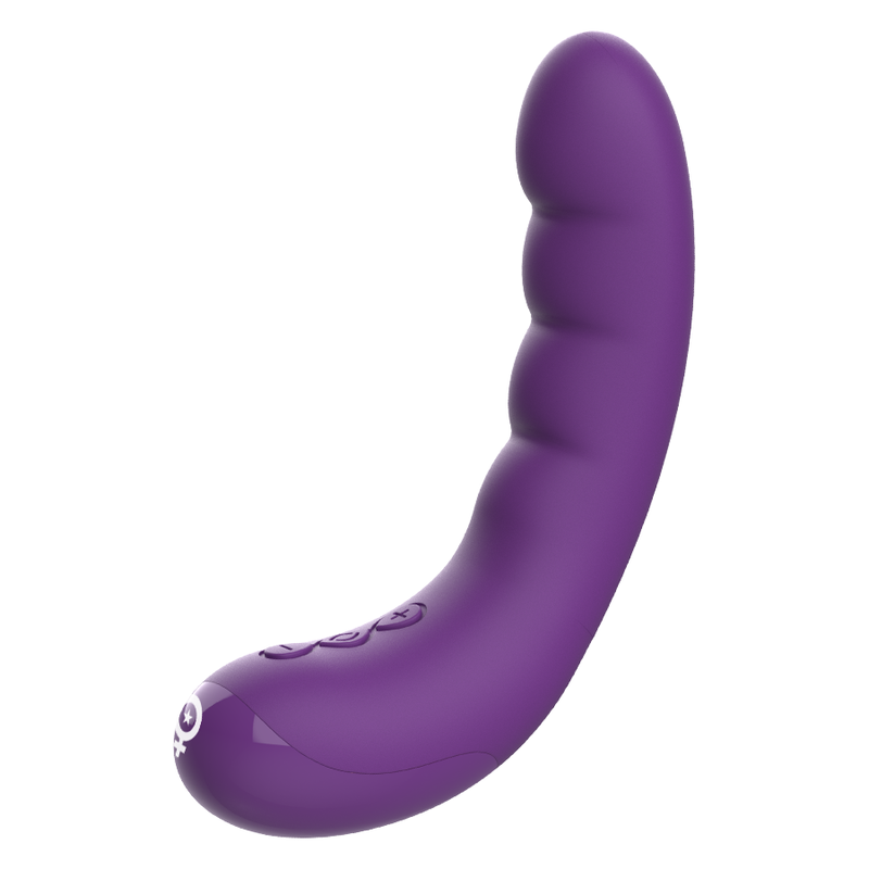Un dispositivo de bienestar morado y curvado con relieves y botones de control sobre fondo blanco.