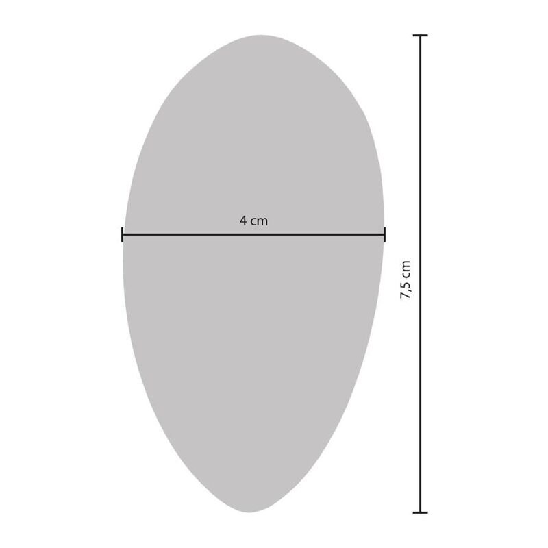 Forma de huevo gris con dimensiones: 4 cm de ancho y 7,5 cm de alto sobre fondo blanco.