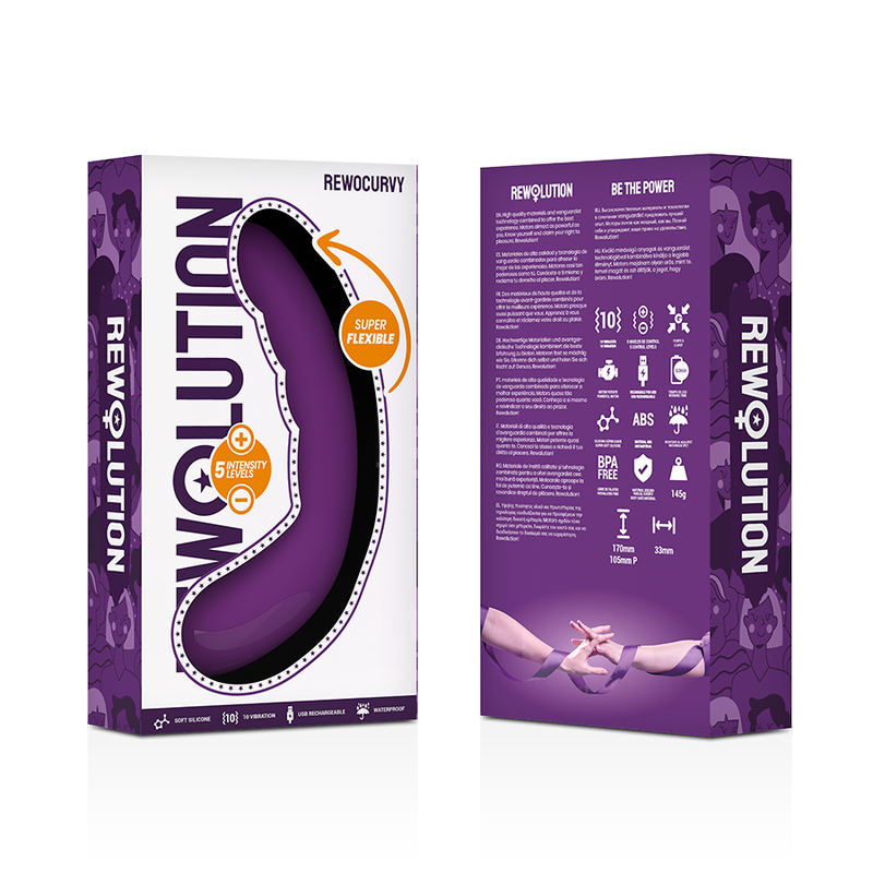 Empaque morado para un juguete sexual flexible y recargable con varios símbolos y texto.