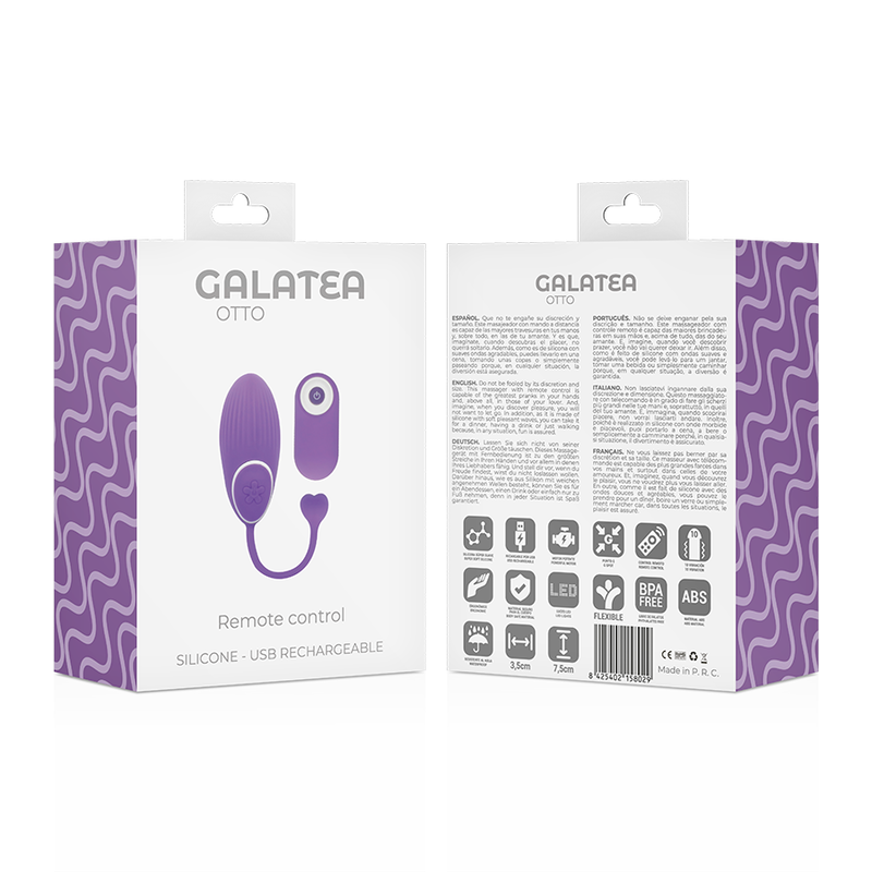 Empaque morado del vibrador con control remoto Galatea Otto, de silicona recargable por USB.