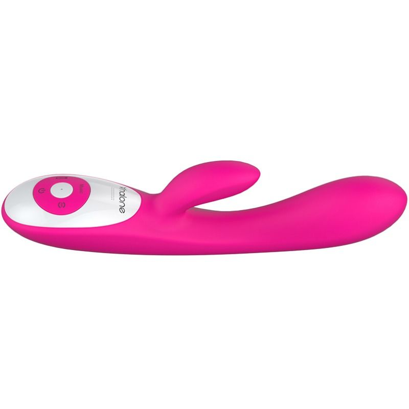 Un juguete sexual de silicona rosa y blanco con botones de control en una superficie blanca.