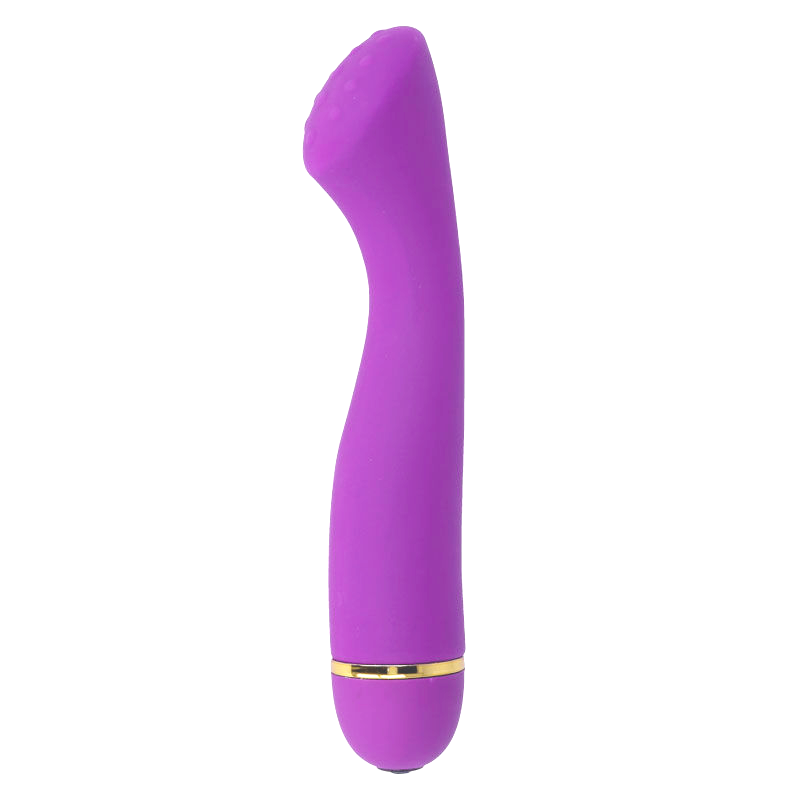 Un vibrador de silicona morado con forma curva y anillo dorado sobre fondo blanco.