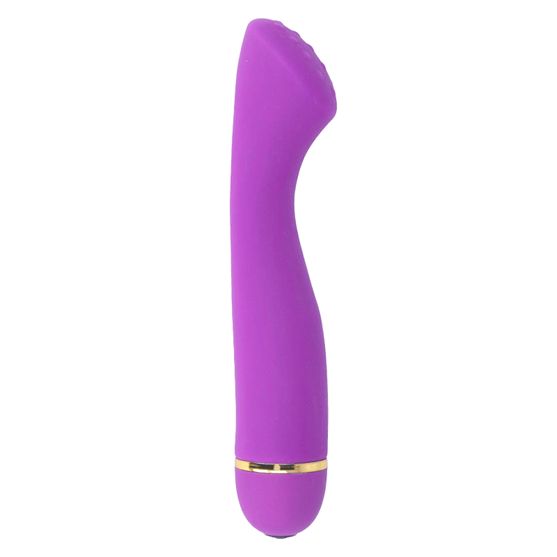 Accesorio de bienestar morado curvado con anillo dorado y parte superior texturizada sobre fondo blanco.
