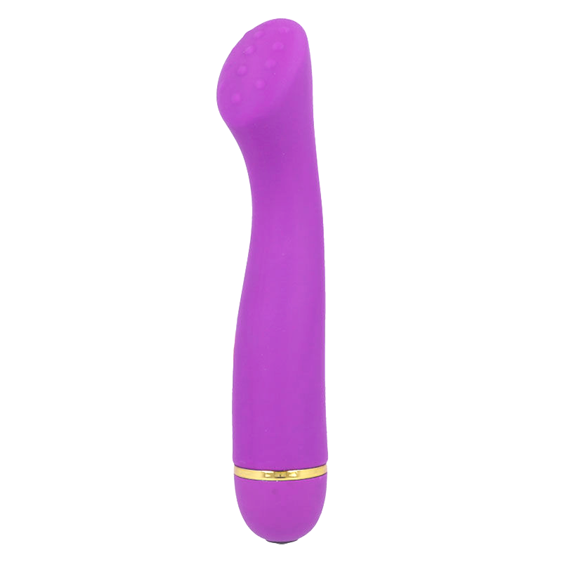 Un vibrador morado con forma curva y un anillo dorado sobre fondo blanco.