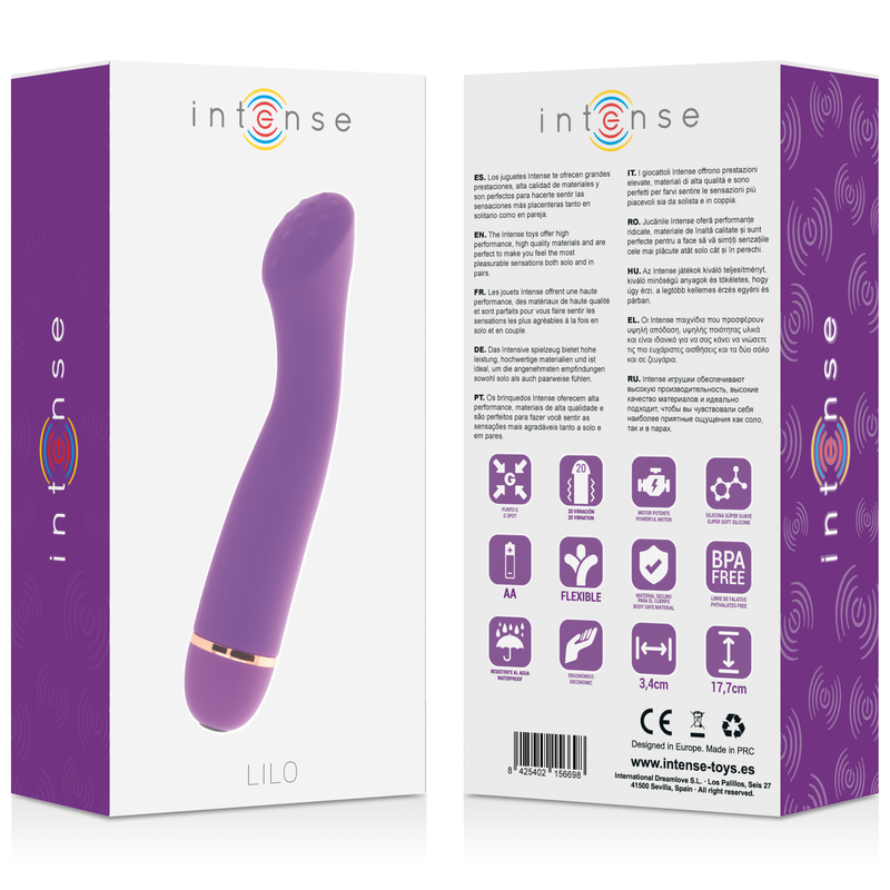 Empaque y producto morado de Intense Lilo con texto, íconos de características y código de barras en la parte posterior.