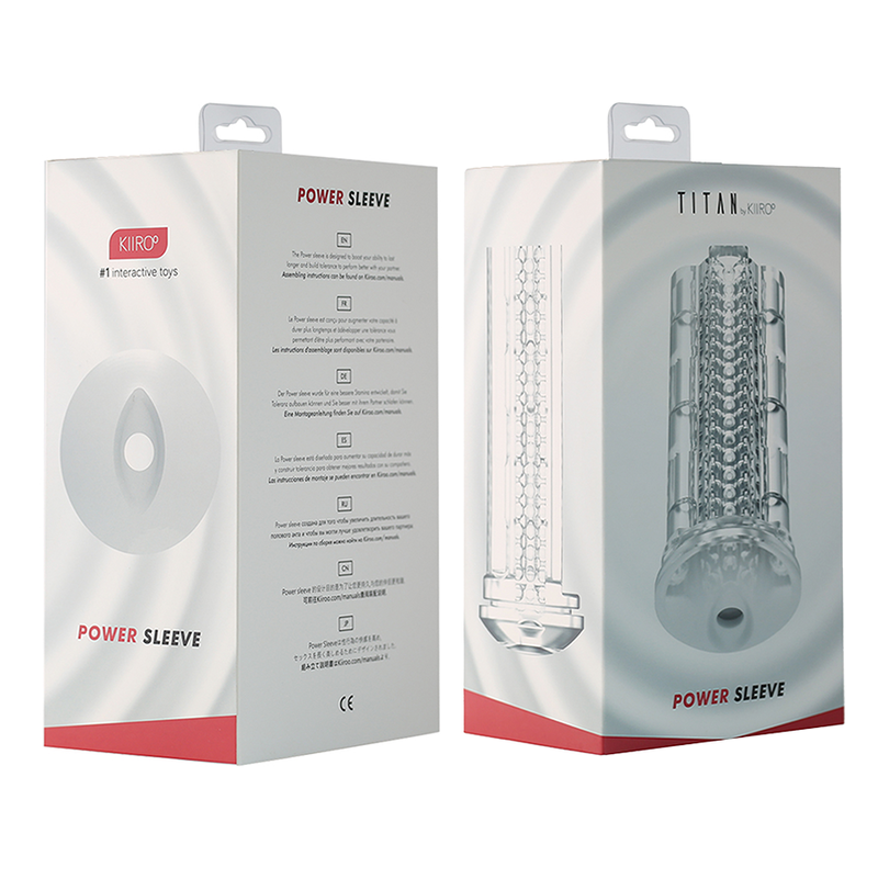 Zwei weiße und rote Kisten für die Kiiroo Power Sleeve, mit Text und Produktbild.