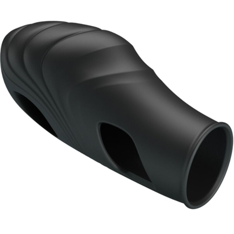 Un objeto de silicona negro y ergonómico con crestas y aberturas sobre un fondo blanco.