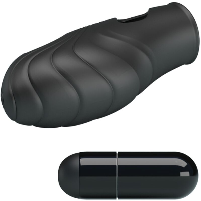 Una funda negra texturizada con diseño ondulado y un pequeño objeto negro en forma de cápsula abajo.