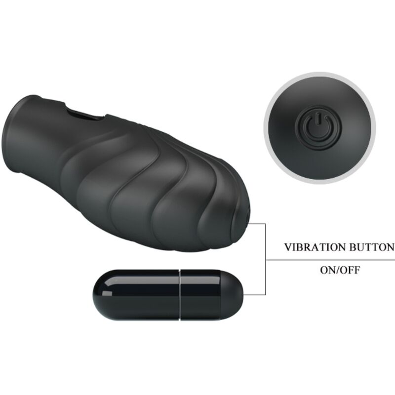 Dispositivo de bienestar negro y ondulado con un interruptor de encendido y apagado de vibración separado.