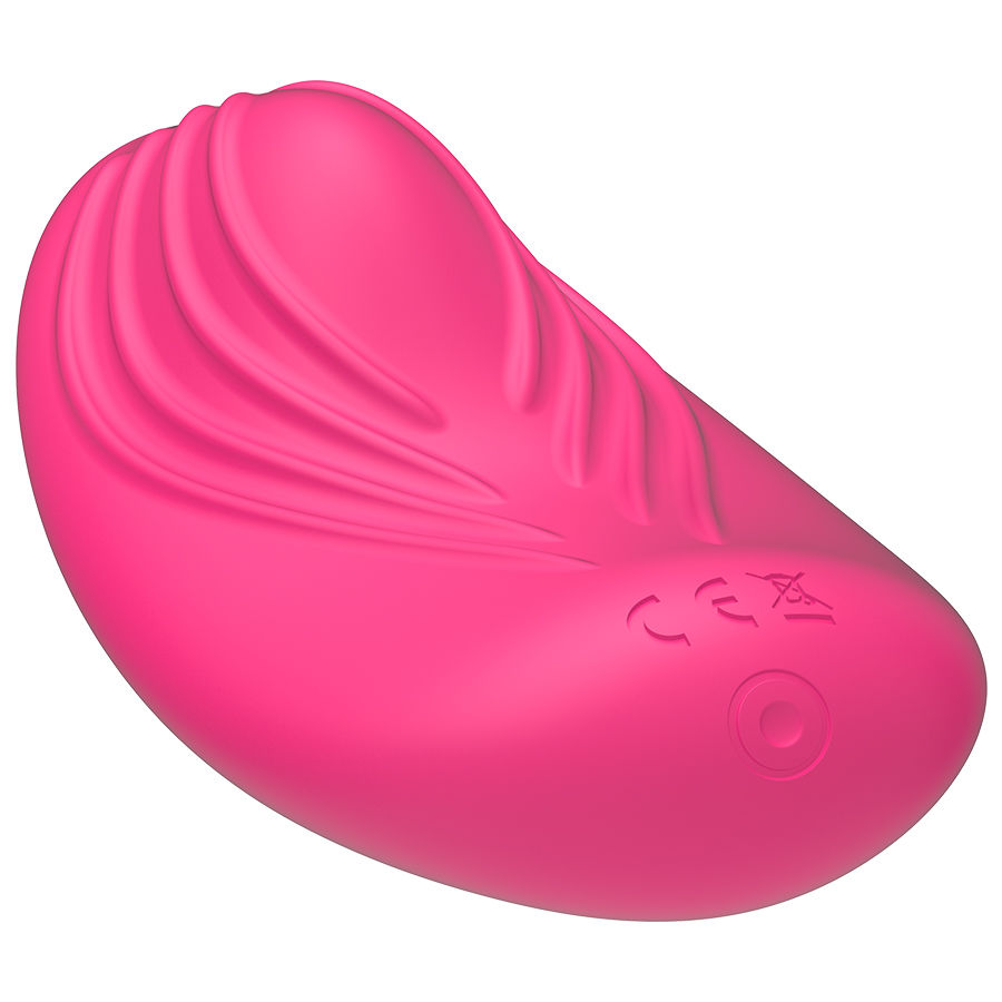 Un dispositivo de bienestar rosa y liso en forma de concha con crestas elevadas y un pequeño botón redondo.