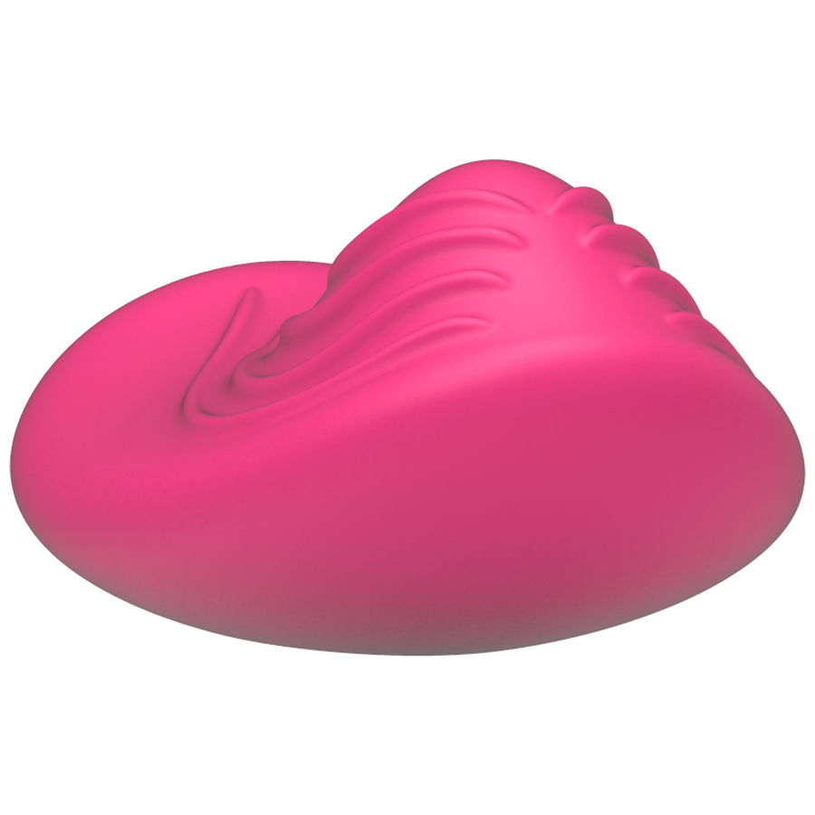 Un objeto ergonómico de color rosa brillante y suave con crestas acanaladas en su superficie curva sobre fondo blanco.