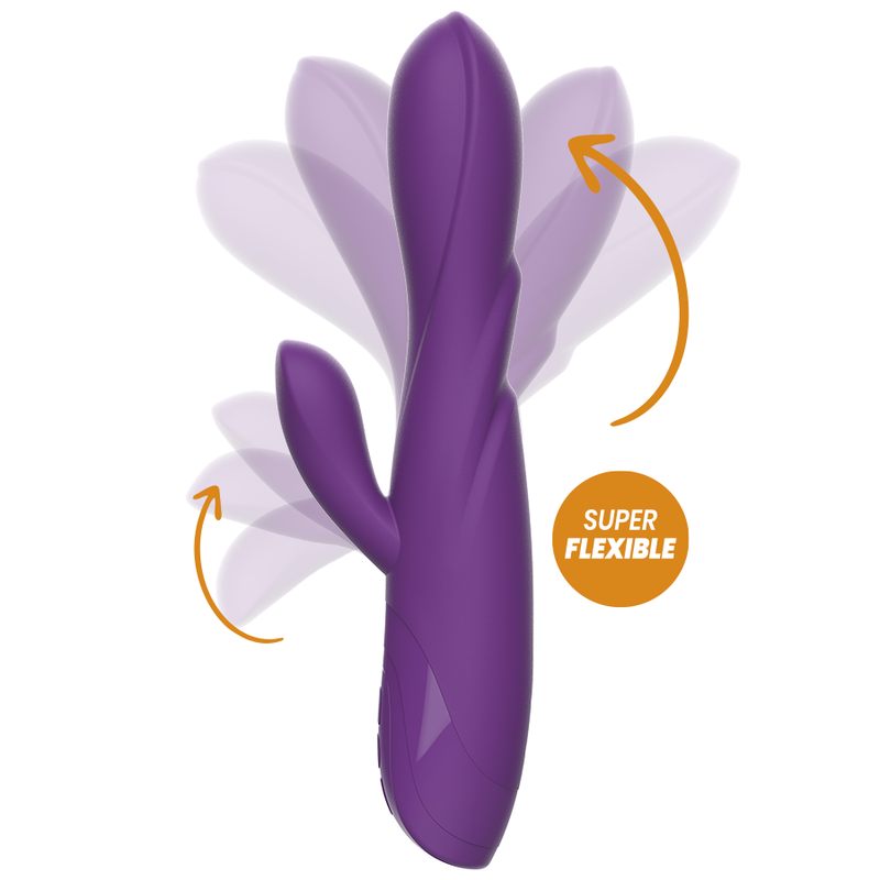 Lila flexibler Kaninchen-Vibrator mit orangen Pfeilen, die die Biegebewegung auf weißem Grund zeigen.