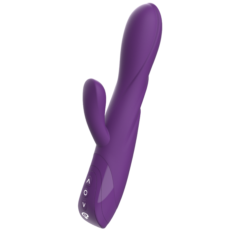 Ein glatter, violetter Kaninchen-Vibrator mit einer Steuerungsbasis vor weißem Hintergrund.