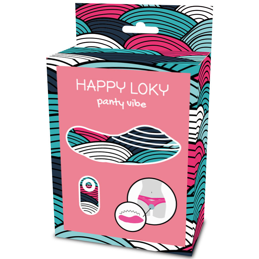 Caja de panty vibe Happy Loky con patrón de olas de colores, control remoto e ilustración de uso.