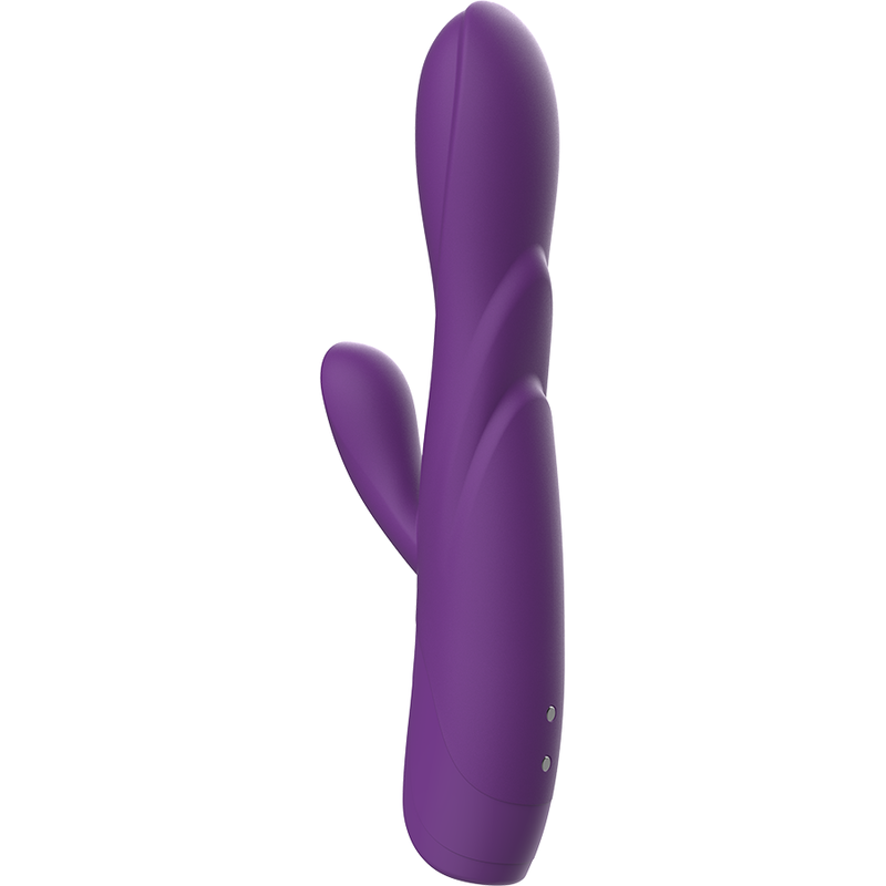 Ein lila Silikonvibrator mit zwei Stimulationspunkten und zwei kleinen silbernen Knöpfen vor weißem Hintergrund.