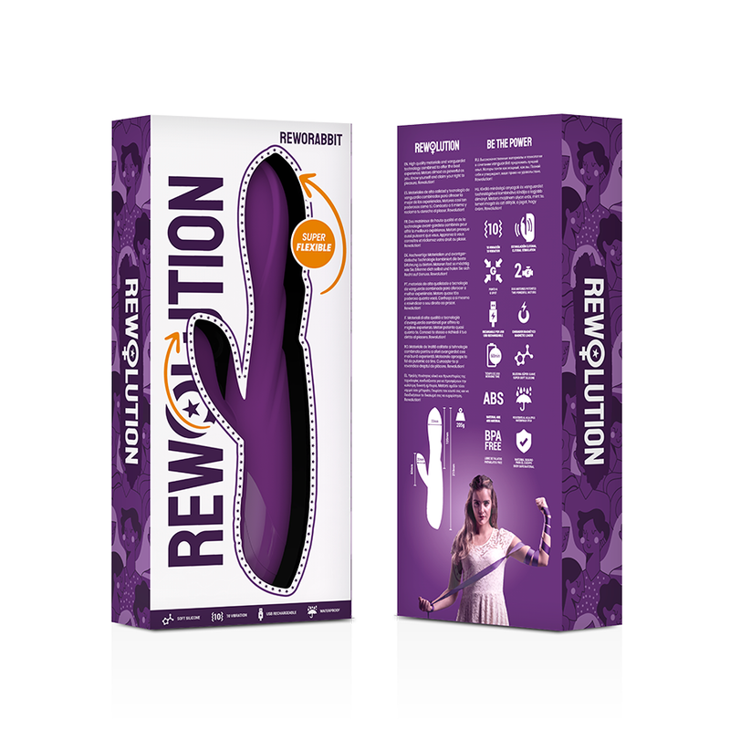 Lila Verpackung für Reworabbit Revolution Sexspielzeug mit Produktdetails und einer lächelnden Frau.
