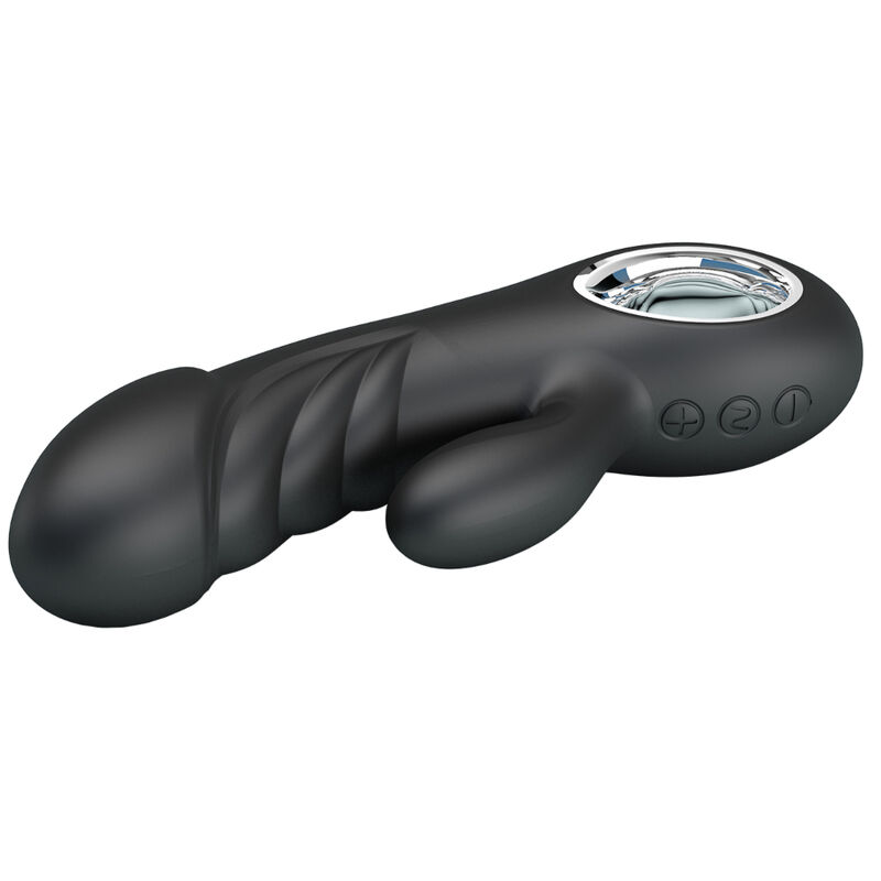 Ein ergonomisch geformtes schwarzes Wellness-Gerät mit silbernem Ring und Bedienelementen.