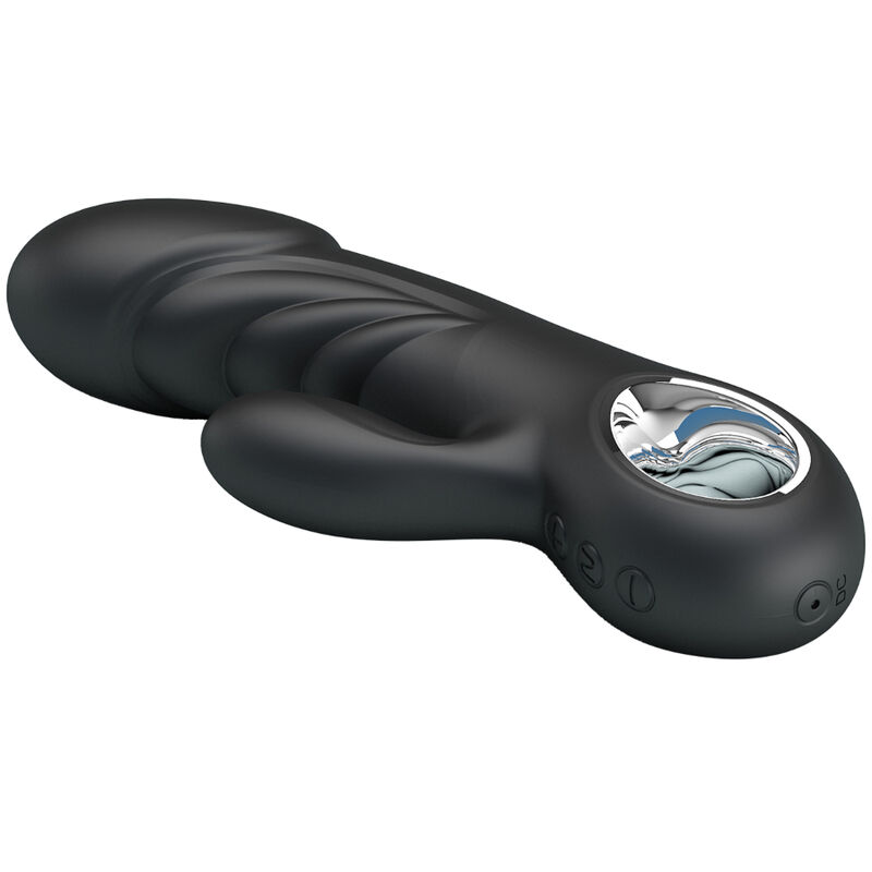 Ein matt schwarzes Massagegerät mit ergonomischen Wellen, seitlichem Arm und einem glänzenden Display auf weißem Grund.
