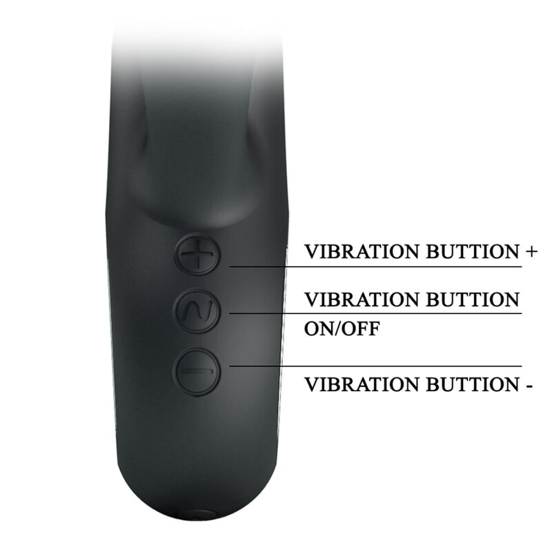 Ein schwarzes Gerät mit drei Steuertasten für Vibration plus, ein aus und minus.