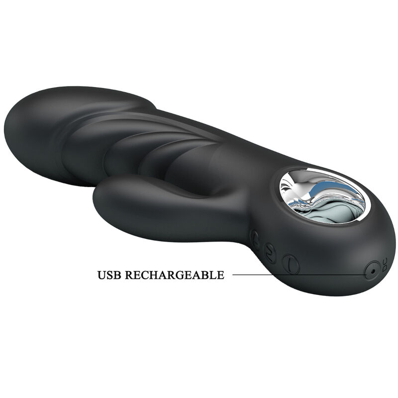 Schwarzes, USB-aufladbares Wellness-Gerät mit Knöpfen und glänzender Öffnung vor weißem Hintergrund.