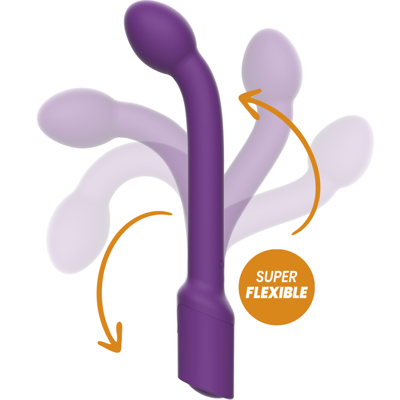 Un vibrador morado doblándose en varias direcciones, con un círculo naranja que dice SUPER FLEXIBLE.