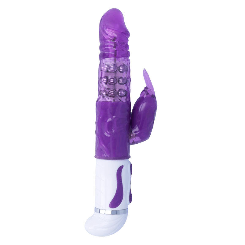 Ein lila-weißer Vibromassage-Dildo auf weißem Hintergrund.