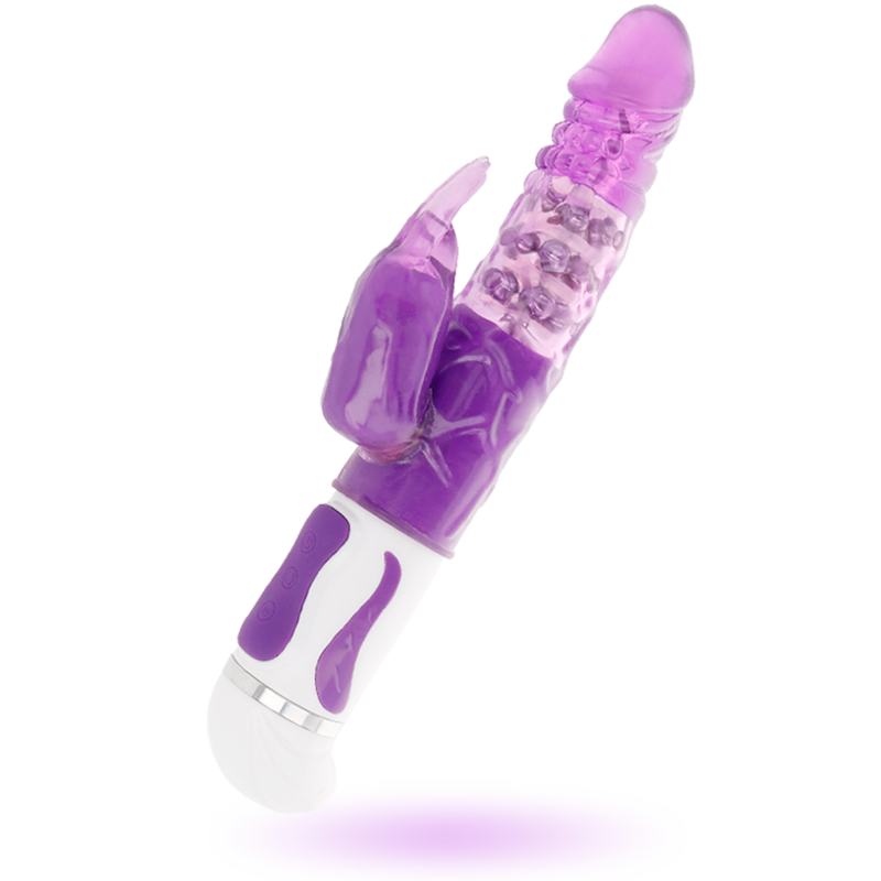 Ein lila-weißer Silikon-Vibrator mit strukturiertem Schaft, beweglichem Aufsatz und Steuertasten am Griff.