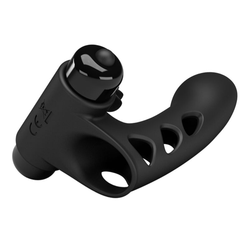 Dispositivo ergonómico negro con cabeza brillante y múltiples aberturas sobre fondo blanco.