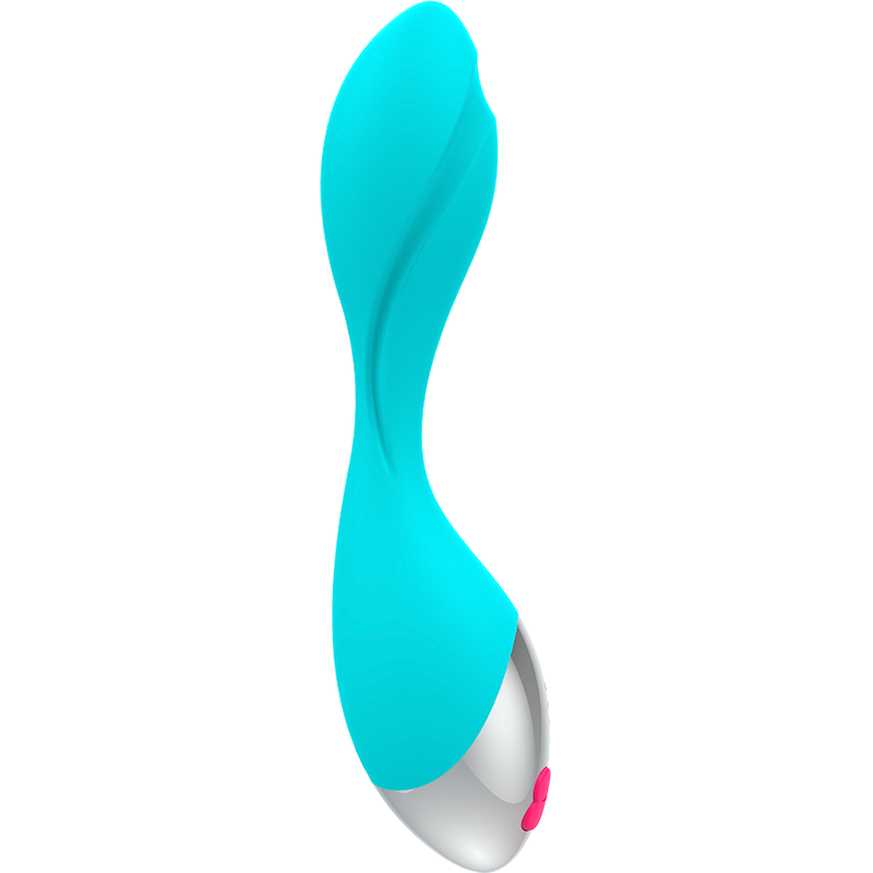 Ein türkisfarbener, geschwungener Vibrator mit silberner Basis und kleinem pinken Knopf.
