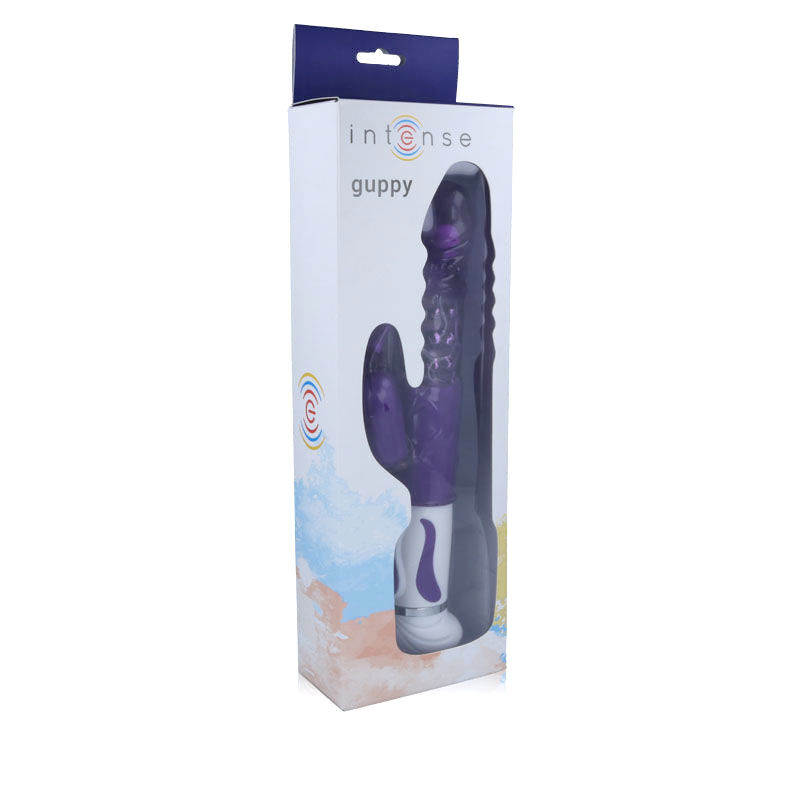 Lila farbener Vibrator in einer weißen und blauen Verpackung.