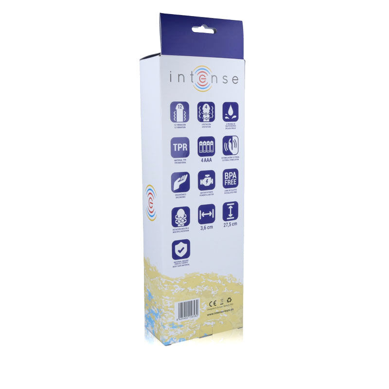 Eine weiße und blaue Verpackungsbox mit Produktsymbolen und dem Markennamen 'intense' vor einem weißen Hintergrund.