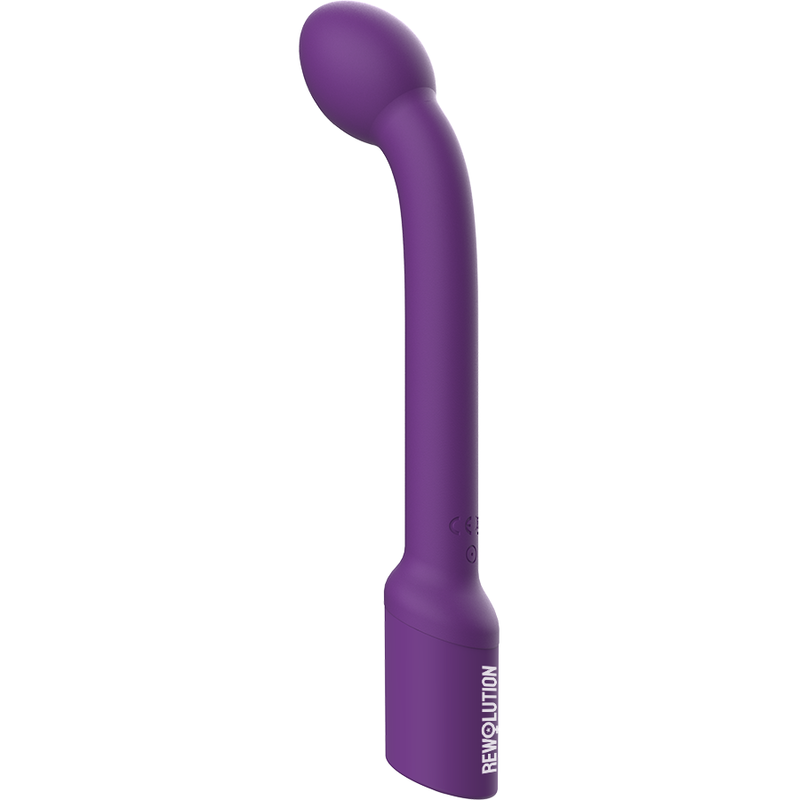 Un juguete sexual de silicona curvado, morado y liso con punta redondeada sobre un fondo blanco.
