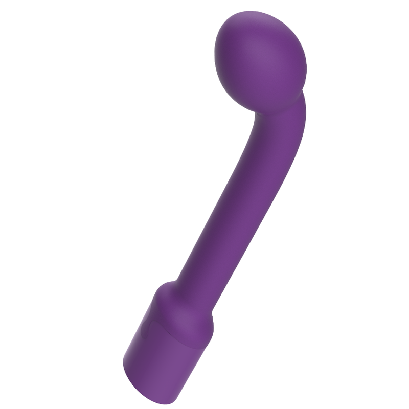 Un dispositivo de bienestar morado, de forma ergonómica, con cabeza redonda y mango sobre fondo blanco.
