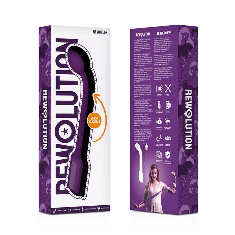 Empaque morado para vibrador Rewoflex con imagen de producto y texto.